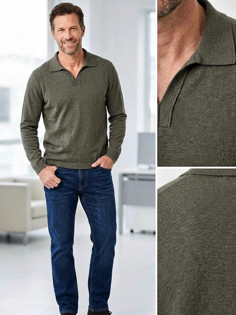 Eddie Bauer Classic Men's Long Sleeve cotton-Cashmere Polo in Green-Gray, XXL